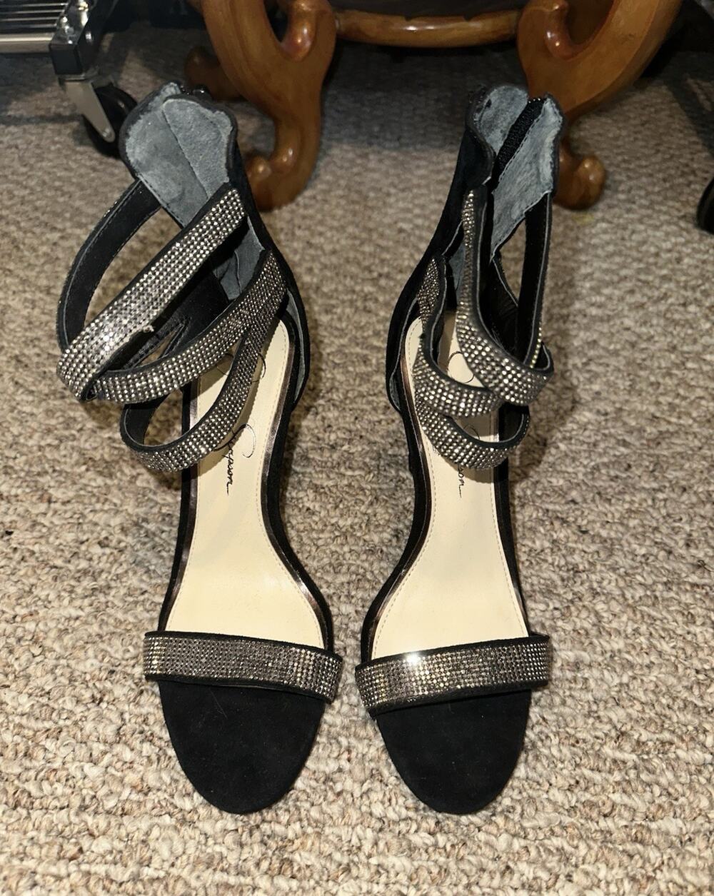 Jessica Simpson Women’s Strappy Open Toe Ankle Strap Rhinestone Heels 7.5